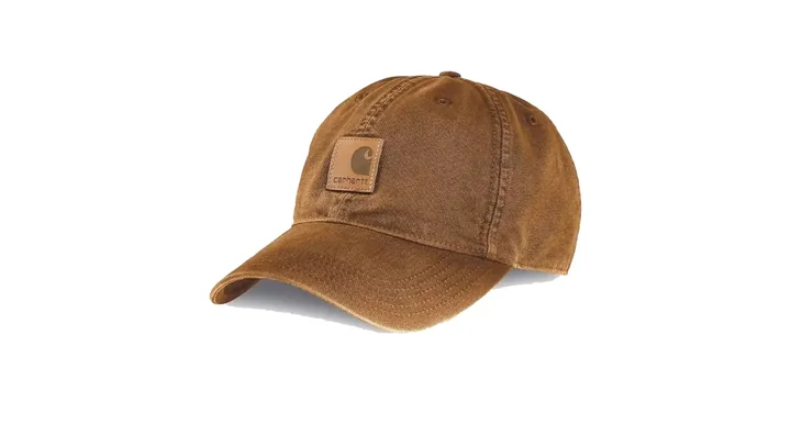 Brązowa czapka z daszkiem i kwadratową skórzaną naszywką z logo Carhartta