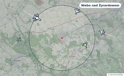 Mapa okolic miasta z sylwetkami samolotów — Niebo nad Żyrardowem na żywo