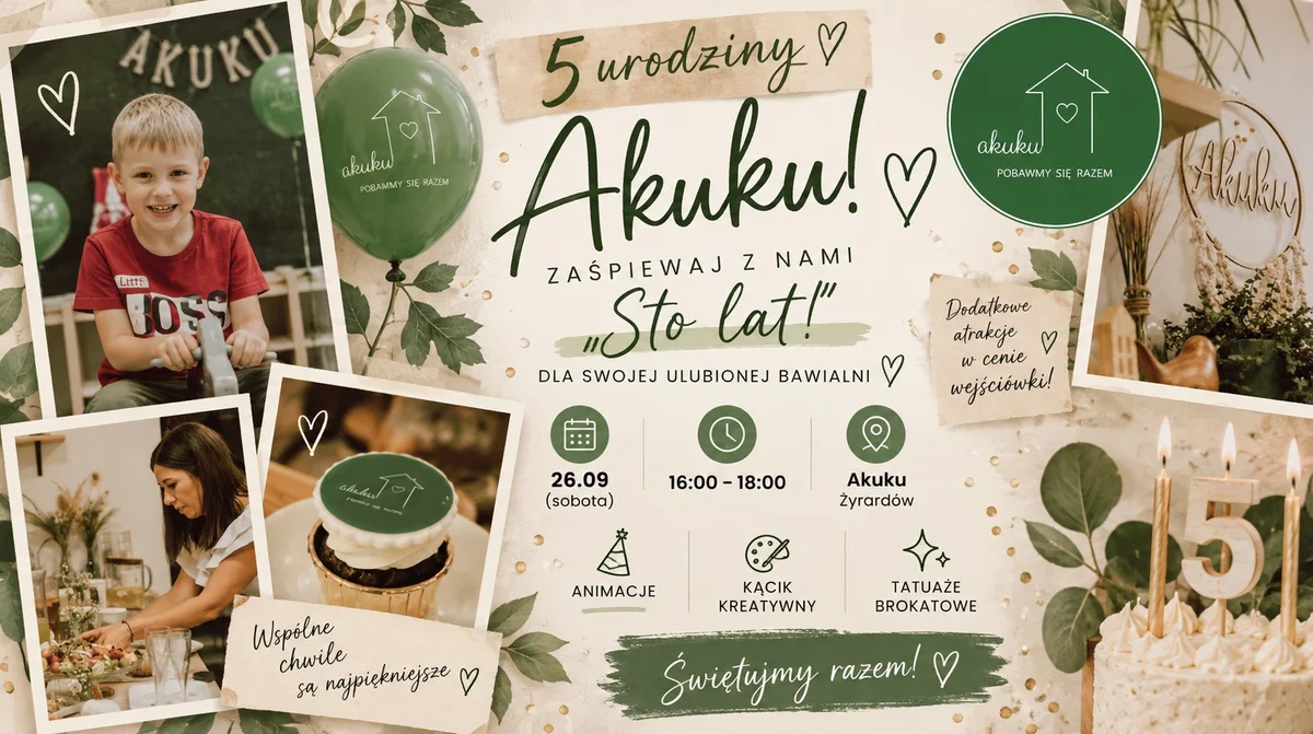 Grafika promocyjna wydarzenia Akuku: 5. urodziny bawialni