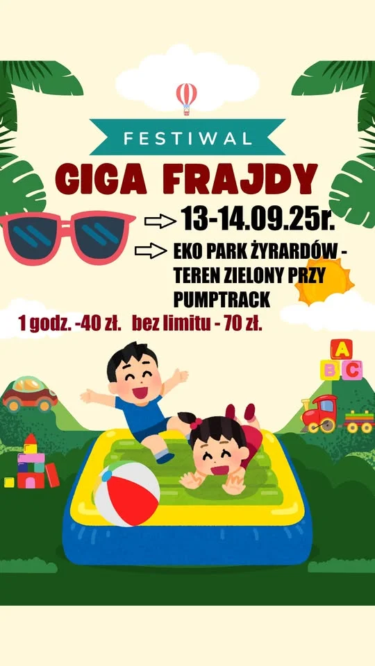 Obrazek przedstawia grafikę promocyjną wydarzenia Duża strefa dmuchańców w Eko-Parku w Żyrardowie