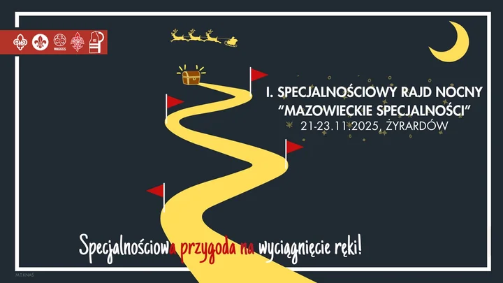 Obrazek przedstawia grafikę promocyjną wydarzenia Nocny rajd specjalnościowy dla harcerzy w Żyrardowie