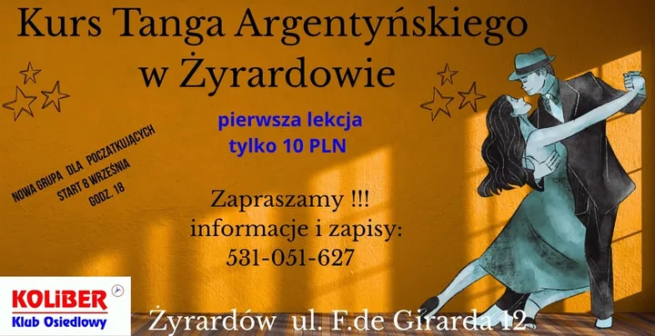 Obrazek przedstawia grafikę promocyjną wydarzenia Kurs tanga argentyńskiego dla początkujących w Żyrardowie