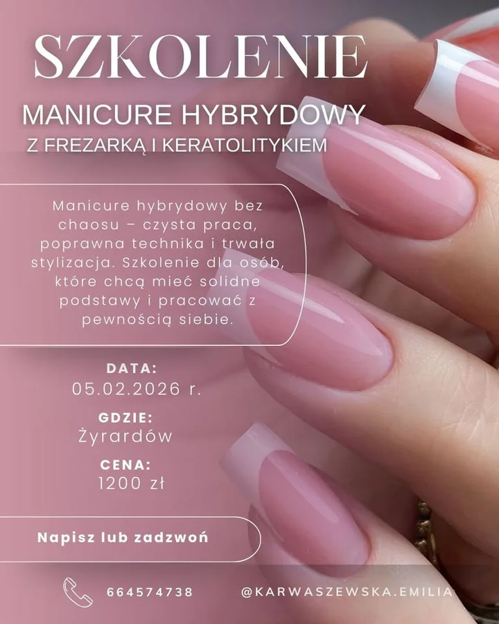 Grafika promocyjna wydarzenia Manicure hybrydowy z frezarką — szkolenie podstawowe