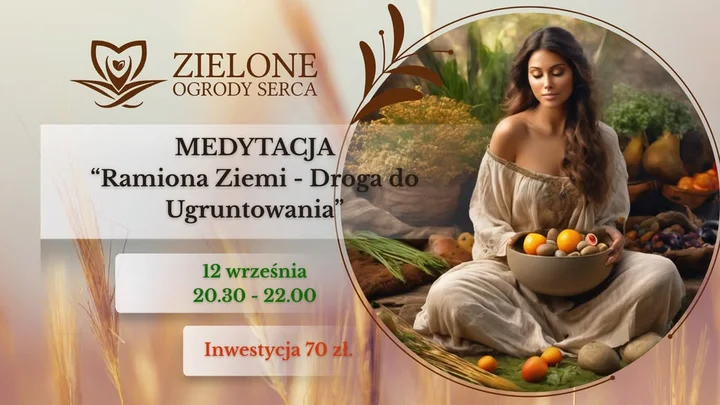 Obrazek przedstawia grafikę promocyjną wydarzenia Medytacja żywiołu Ziemi — spotkanie ugruntowujące