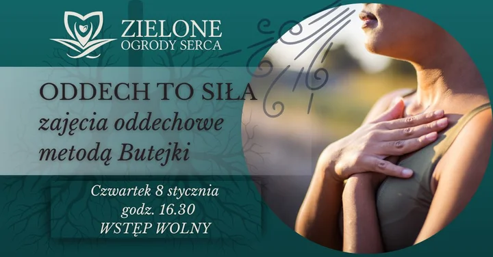 Grafika promocyjna wydarzenia Oddech to Siła — łagodne zajęcia oddechowe metodą Butejki w Żyrardowie