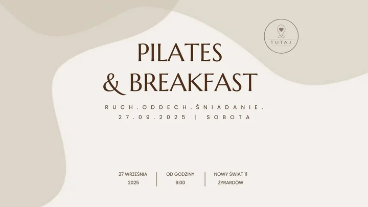 Obrazek przedstawia grafikę promocyjną wydarzenia Poranny cykl ćwiczeń Pilates z opcją śniadania