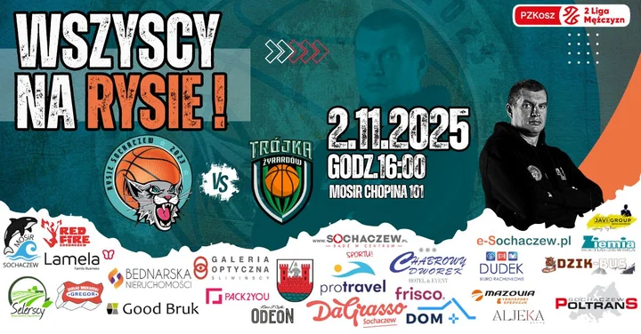 Grafika promocyjna wydarzenia Rysie Sochaczew vs KS Trójka Żyrardów — mecz derbowy 2 listopada 2025