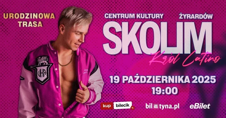 Obrazek przedstawia grafikę promocyjną wydarzenia Koncert Skolim w Centrum Kultury w Żyrardowie