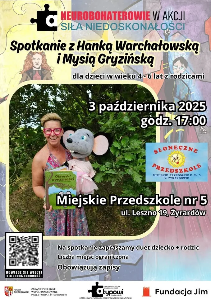 Obrazek przedstawia grafikę promocyjną wydarzenia Spotkanie autorskie i warsztat uważności dla rodzin w Żyrardowie