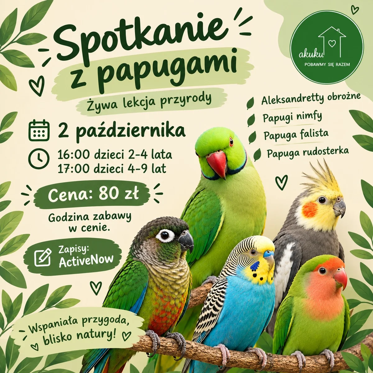 Grafika promocyjna wydarzenia Spotkanie z papugami w Żyrardowie
