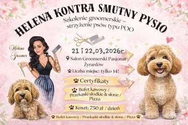 Grafika promocyjna wydarzenia Helena kontra smutny Pysio — szkolenie groomerskie strzyżenia psów typu POO