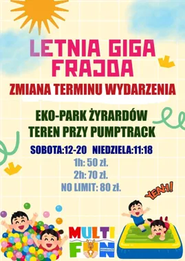 Grafika promocyjna wydarzenia Giga Frajda w Żyrardowie – letnia frajda dla dzieci w Eko-Parku