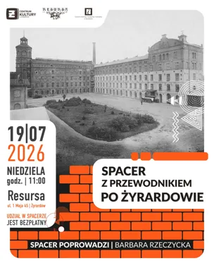 Grafika promocyjna wydarzenia Odkryj Żyrardów podczas wakacyjnego spaceru z przewodnikiem