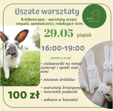 Grafika promocyjna wydarzenia Uszate Warsztaty w Żyrardowie – kreatywne spotkanie z królikami