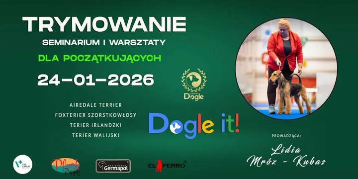 Grafika promocyjna wydarzenia TRYMOWANIE Terierów Szorstkowłosych – dla początkujących