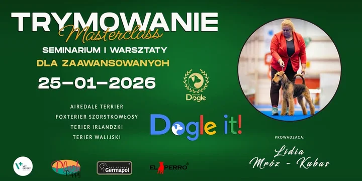 Grafika promocyjna wydarzenia TRYMOWANIE Terierów Szorstkowłosych — MASTERCLASS dla zaawansowanych