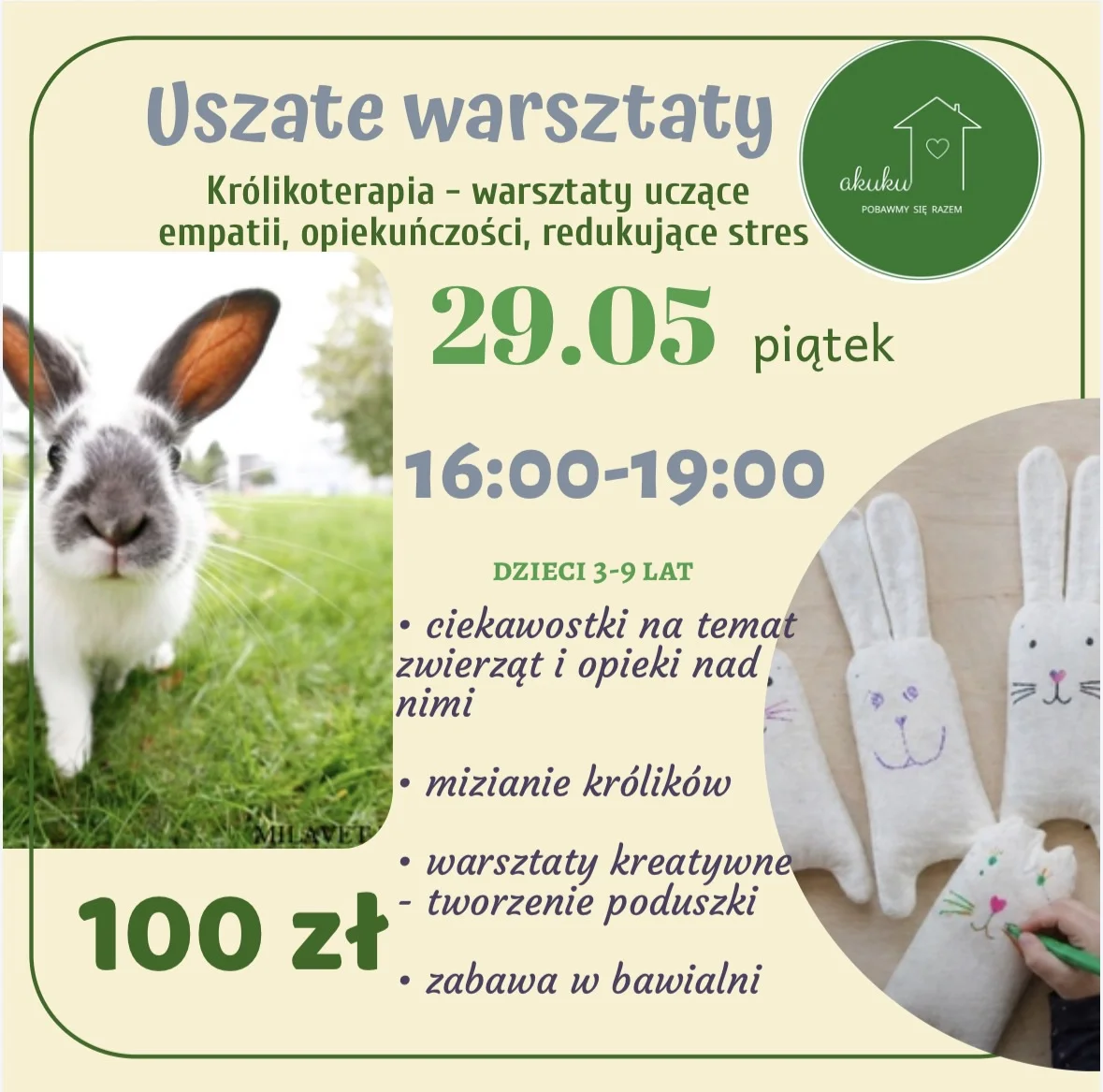 Grafika promocyjna wydarzenia Uszate Warsztaty w Żyrardowie – kreatywne spotkanie z królikami