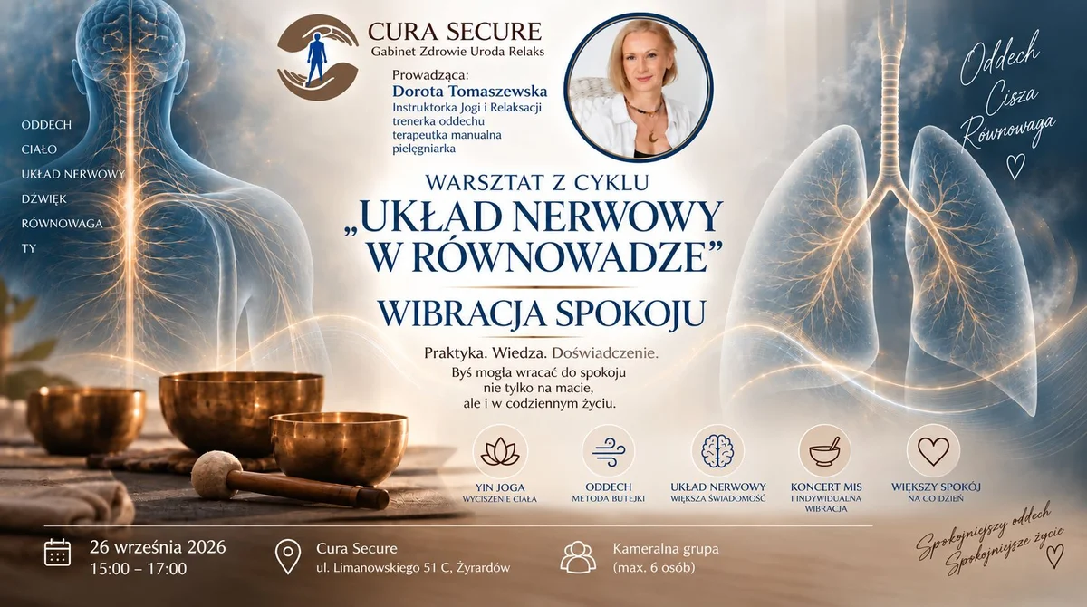Grafika promocyjna wydarzenia Wibracja Spokoju – warsztat relaksacyjny