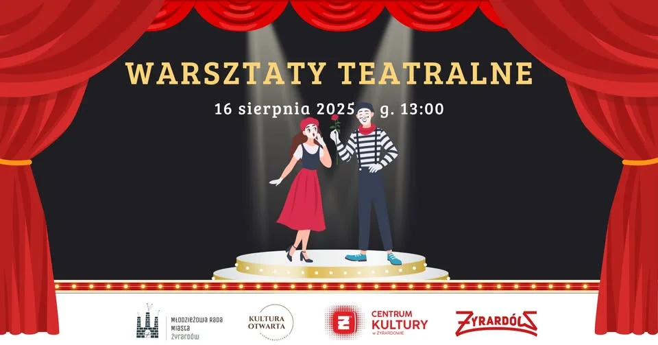 Obrazek przedstawia grafikę promocyjną wydarzenia Teatralne warsztaty dla młodzieży w Żyrardowie