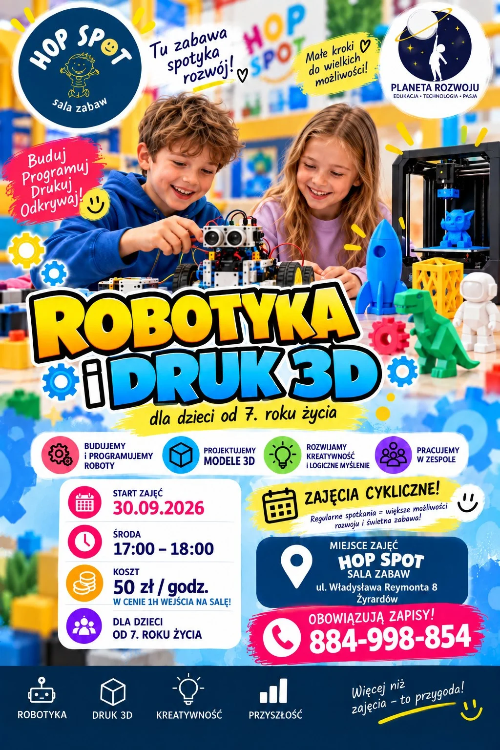 Grafika promocyjna wydarzenia Hop Spot Żyrardów – robotyka i druk 3D