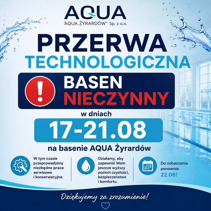 Basen AQUA Żyrardów zamknięty. Kursanci muszą skontaktować się z biurem