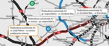 Mapa przedstawiająca etapy rozbudowy autostrady A2 w centralnej Polsce.